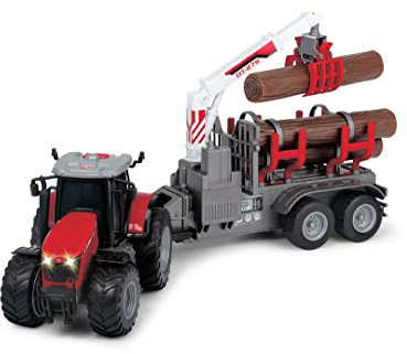 Dickie Toys 203737003 Toys Massey Ferguson leksakstraktor med släp och 3 trästammar, trähandtag, traktor med släpvagn, typ 8737, bondgårdsleksak, ljus och ljud, inkl. batterier, 42 cm