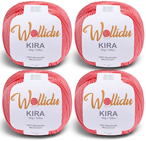Wollidu Kira 4er-Set mercerisierte Baumwolle – 4×50 g feines Häkelgarn & Strickgarn, 100% Baumwolle, 125 m Lauflänge, uni Lachs