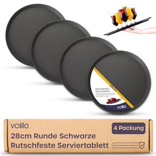 volila Schwarzes Rundtablett - 28cm (4er Pack) Gummiertes rutschfestes Serviertablett für Speisen und Getränke - Spülmaschinenfestes rundes Serviertablett für Partys, Zuhause, Bars & Restaurants
