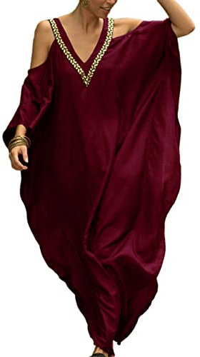 Bsubseach Plus Größe Kaftan Abdeckungen Ups für Bademode Frauen Kalte Schulter Badeanzug Abdeckung Up Kaftan Kleid Wein Rot