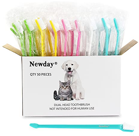Newday 50 Pack Dual Ended Long Dog & Cat Toothbrush, Pet Safe Super Soft Bristles for Pet Dog Puppy Kitten Dental & Oral Care Teeth & Gums, Pet toothbrushes in Box, Bulk Individual polybag (Colorful)