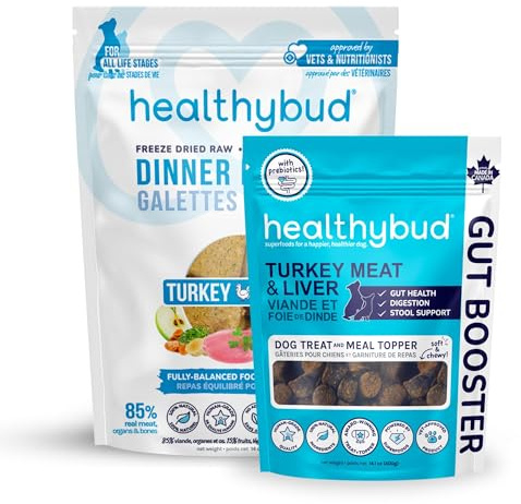 healthybud Turkey Gut Booster Dog Treats 4.6oz for Sensitive Stomach, Freeze Dried Dog Food Turkey Patties 14.1oz