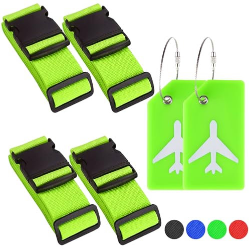 4 Stück Koffergurt, Grün Kofferband, Einstellbare Kofferbänder Gepäckgurt Mit 2 Stück Kofferanhänger Mit Adressschild, Luggage Strap Für Flugreisen, Festes Gepäck Bei Kreuzfahrt