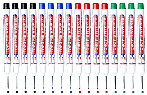 BetterJonny 16Pcs Marcadores de Agujeros Profundos, Rotuladores de Agujero Profundo Marcador de Carpintero de Punta Fina de 20 mm Lápiz Carpintero para Marcado de Carpintero Negro Azul Rojo Verde