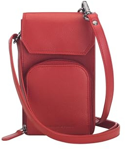 Josephine Osthoff Handy Umhängetasche mit Vortasche für Kopfhörer, handgemacht aus 100% Echtleder, Crossbody Schultergurt, 4 Kartenfächer, Farbe:Kirsche