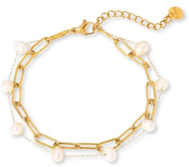 GOLDENCAT Pulsera de Acero con Perlas, Dorada, de Mujer, de Río, Extendida 16 cm, Inoxidable, Baño Oro 14k
