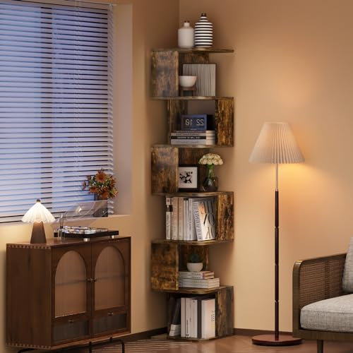 YITAHOME Bücherregal, 6-stöckiges Eckbücherregal S-förmiges Bücherregal, offenes Regalsystem Geeignet für Wohnzimmer, Büro als Präsentations- und Aufbewahrungseinheit Rustikales Braun, Maße 180cm hoch