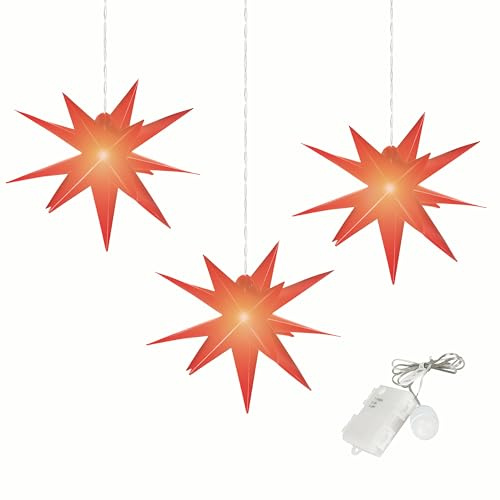 Leuchtstern 3D mit LED Beleuchtung | 3er Set | rot | Ø 27 cm| 3D Stern mit 15 Spitzen | wetterfest | Garten Deko, Wohnzimmer, Weihnachtsdeko | Weihnachtsstern | mit Timer | batteriebetrieben