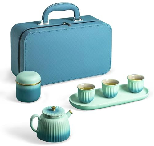fanquare Juegos de Té Kungfu de Porcelana con Tetera Juego de Té Japonés de Viaje Azul Verde con Bandeja Servicio de Té Chino para Adultos