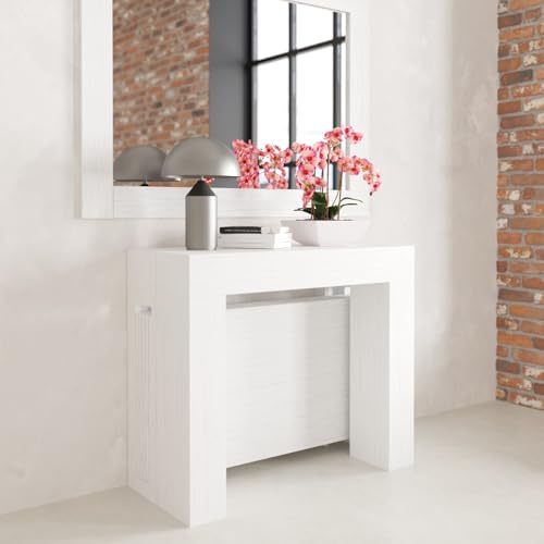 VE.CA - Tavolo Allungabile Kilka, Made in Italy - Console Allungabile con Porta Prolunghe fino a 3 Metri, 14 Posti - Arredo Moderno da Sala da Pranzo, Salvaspazio 90x40x77 (Bianco Frassinato 14 Posti)