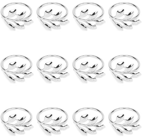 12 Stück Serviettenringe Silber, Weihnachten Serviettenring Metall mit Blattdesign, Elegante Serviettenringe für Tischdekoration auf Weihnachten Valentinstag Hochzeit Geburtstage Dinnerparty Jubiläum