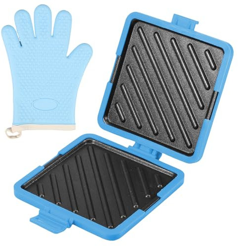 Microwave Toastie Sandwich Maker and Grill Silicone Microwaveable Cookware Non-stick Panini Press Rapid Heating Pizza Pockets No Electricity Mini Personal Sandwich Maker for Cooking (blue+gloves)