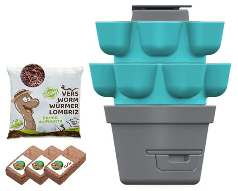 Moutta | WORMgarden Turquoise 2 jardinières + 250gr de vers de Compost | Jardin Potager Vertical avec lombricomposteur | Cultivez Vos Fruits et légumes | Créez Votre Potager et recyclez Vos déchets