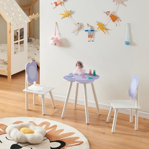 [en.casa] Conjunto Infantil de Mesa y 2 Sillas Simrishamn Respaldo con Diseño Floral Juego Elegante de 3 Piezas para Niños Madera de Pino - Blanco/Lila