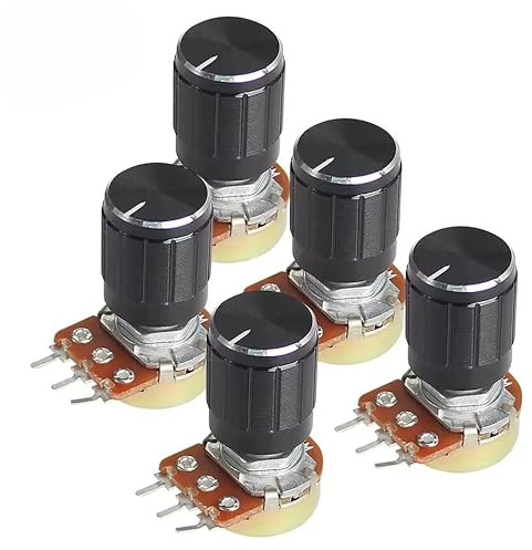 Rotary Potentiometer Linear Taper, WH148, 15mm, 3-Pin, with Black Aluminium Knobs (10kOhm, 5)