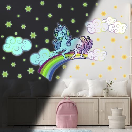 Ambiance Sticker Phosphorescent Lumineux Autocollant Mural Plafond Enfant Fluorescent Licorne sur Arc-en-Ciel - H70 x L95 cm