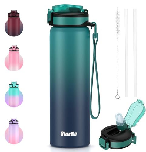 SLUXKE Gourde isotherme avec couvercle à paille, 700 ml, bouteille isotherme à double paroi en métal, anti-fuite, pour le sport, les voyages, la salle de sport