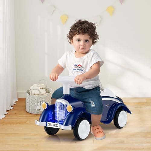 GOPLUS Porteur Enfant 1,5-3 Ans, Pousse Pousse Bebe sans Pédales avec Volant,Klaxon,Lumières LED, Rangement sous Siège 4 Roues Lisses, Jouet Voiture Rétro pour Garçons&Filles, Charge 15KG (Bleu foncé)