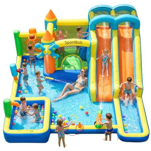 Sportbob Château Gonflable avec Double Toboggan, Souffleur, Pataugeoire, Zone de Saut, Mur d'escalade, Idéal pour Intérieur et Extérieur, Réunions et Fêtes