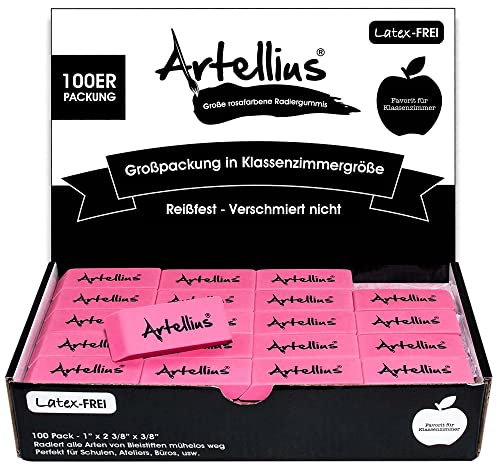 Artellius Pink Erasers | Latex & Smudge Free | Bulk School Supplies | Classrooms, Teachers, Homeschool, Office, Art Class | Large Size (Pack of 100)