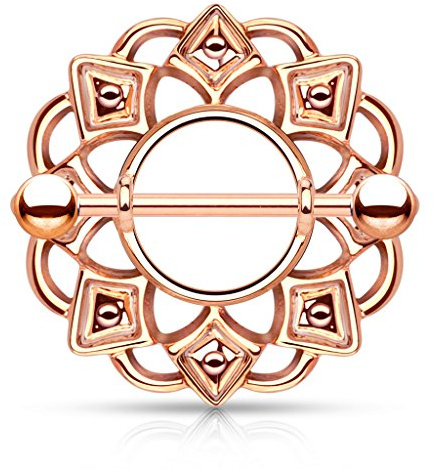 Tata Gisèle Piercing Barbell Sein Mamelon en Acier Chirurgical 316L - Bouclier Téton Décor Tribal - 19 mm - (Or Rosé)