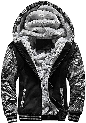 LEZUAN Felpa con Cappuccio Uomo Inverno Caldo Hoodie con Cerniera Integrale Felpe Uomo Manica Lunga Pullover Giacca di Spessore Cappotto in Pile Foderato(Nero Mimetico,M)
