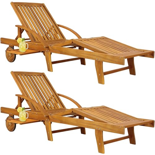 Casaria® 2X Sonnenliege Holz Klappbar 320kg Belastbarkeit Tisch Fuß- und Rückenteil variierbar Räder Ablage Garten Balkon Terrasse Gartenliege Akazie