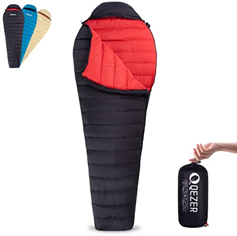 QEZER Ultralight Down Sleeping Bag for Adults 45-68 Degree F with 600 Fill Power, Compact Summer Sleeping Bag for Backpacking, Hiking and Camping