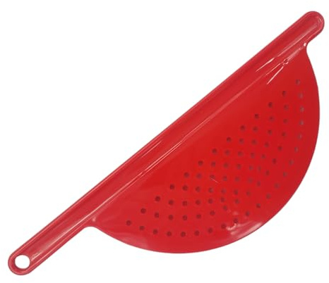 Handy Housewares Handheld Plastic Pot Drainer, Noodle & Pasta Strainer with Handle - Fits up to 9 Pots - Red