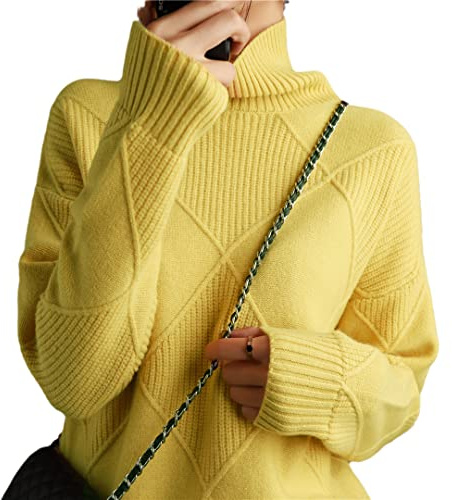 Deepsko Suéter de cachemira para mujer, de cuello alto, color liso, suéter de punto de lana, suéter suelto, amarillo, XL