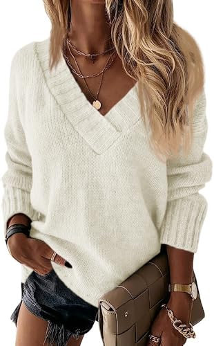 Wenrine Damen Pullover Winter Langarm V-Ausschnitt Strickpullover Sexy Lose Einfarbig(Beige,S)
