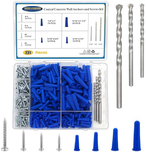 Conical Concrete Wall Anchors and Screws Assortment Kit, 228 Pcs Masonry Anchors with 3PCs Drill Bit,114 Brick Wall Anchors and 114 Self Tapping Screws, Blue