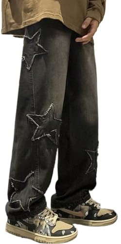 HBER Mens Y2k Star Jeans High Waisted Hip Hop Streetwear Jeans Loose Baggy Embroidery Aesthetic Harajuku Denim Pants Black