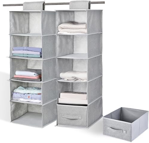 Chostky 2PCS Hanging Storage Organiser with 2 Removable Drawers, 5 Shelves Hanging Shelves Unit for Bedroom