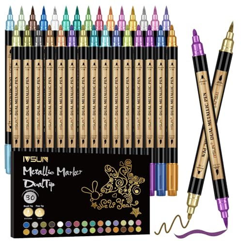 IVSUN Lot de 30 marqueurs métalliques à double pointe pour album photo, papier noir, livre d'or de mariage, scrapbooking, stylo doré pour peindre des pierres, du verre, du bois, décoration des œufs de