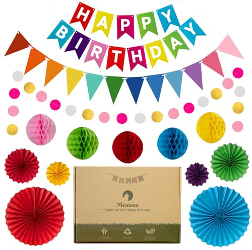 Meowoo Rainbow Birthday Decorations, Reusable Paper Birthday Party Set | Happy Birthday Banner, Triangle Bunting, Circle Garland, Honeycomb Balls & Paper Fans, For Kids, Teens & Adults