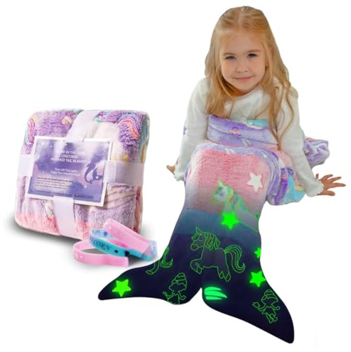 Mermaid Tail Blanket for Girls, Glow in The Dark, Snuggle Throw, Plush Cozy Soft Fleece Blanket, Age 2-12, Toddler Mermaid Tail, Unicorn Gift Idea