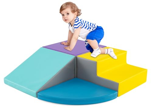 COSTWAY Set di Blocchi in Schiuma per Bambini 4 Pezzi, Set di Costruzioni Morbide in PU + EPE per Sviluppo dei Bambini, Gioco Attivo Interno per Arrampicarsi e Gattonare (Blu)