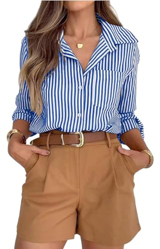 Ladies Shirts and Blouses Women's Striped Button Down Shirts Casual Long Sleeve Lapel Neck Tops Elegant Office Work Tunic Blouses UK 01-Blue M
