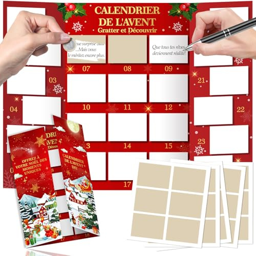 DPKOW Calendrier de l'Avent à Gratter 2025, Bricolage Calendrier de l'Avent à Remplir Soi-Même 24 Noël Calendriers Vide pour Gratter Bricolage Familles Femmes Hommes Couples