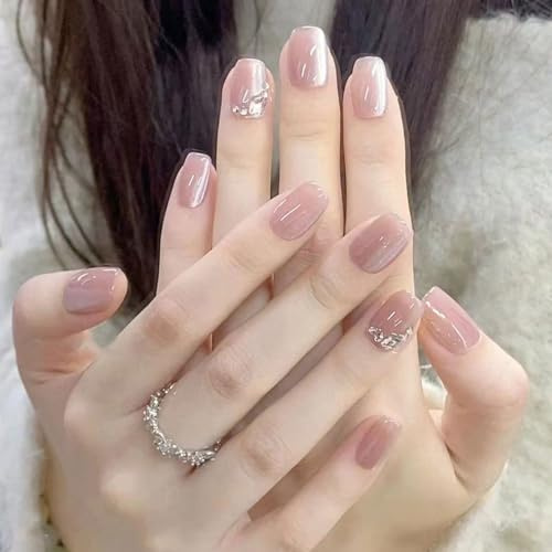 Auriselle Press on Nails Court 30 Pièces Françaises Faux Ongles Courts Arrondis Ongles Artificiels avec des Diamants Roses yeux de Chat sur les Ongle Brillants Coller les Ongles