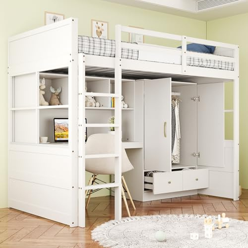 RIAZOS Kinderbett 90x200 cm, Hochbett mit Schreibtisch, Tisch mit Staufach, Kleiderschrank mit 2 Stauschublade, Etagenbett, Jugendbett, Bettgestell mit Lattenrost, Weiß, ohne Matratze