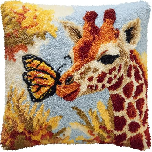 YarnAdventures animale Kit Gancio di Chiusura Fai-da-Te,Giraffa e farfalla,Kit di Ganci a Chiusura per Cuscino,Punto Croce Fodera per Cuscino per Bambini e Adulti,43x43cm