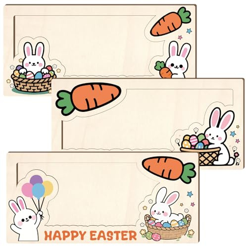 PRESSINART 3 Pièces Porte-Monnaie en Bois pour Argent Pâques Lapin Carotte Œufs Coffret Enveloppe Carte Portefeuille pour Cadeaux Paniers Fête Maison Décoration Originale Et Festive