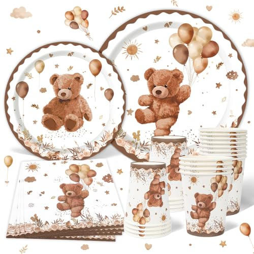Bear Paper Plates Cups and Napkins 96Pcs, Teddy Bear Party Tableware Set | Bear Party Plates Cups and Napkins, Disposable Tableware for Beary First Birthday Decorations Baby Shower, Serves 24 Guests