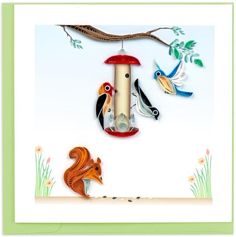 Quilling Card Handmade Quilled Bird Feeder Greeting Card – 6x6 Inch Blank Card with Envelope – Fair Trade Verified – Unique Paper Art Keepsake for Any Occasion