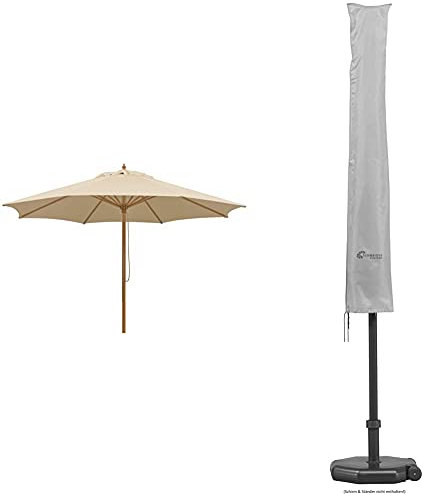 Schneider Sonnenschirm Malaga, natur, 300 cm rund, 614-02, Gestell Alu/Stahl, 7.2 kg & Schneider Schutzhülle für Sonnenschirme bis 300 cm Ø, 821-00, silbergrau, 177 x 26/34 cm, 0.3 kg