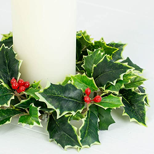 Weather Resistant Variegated Holly Candle Ring with Red Berries - Real Touch Artificial Lifelike Holly Candle Ring for Indoor or Outdoor Christmas Holiday Decoration (10 Dia)
