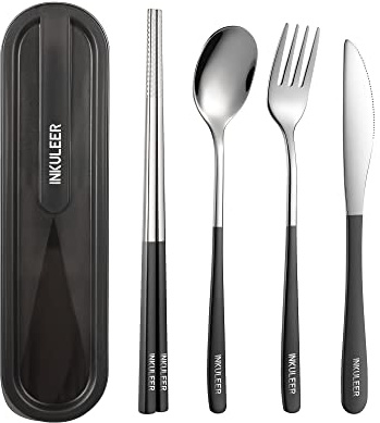 Travel cutlery set, 18/8 stainless steel cutlery, Reusable utensils set with case, Portable Silverware Lunch Box for Camping and Office (Black/knife set)