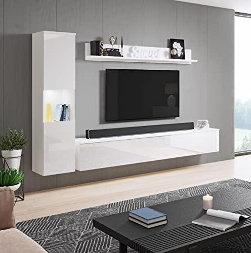 PIASKI Conjunto de Muebles de salón Paris, iluminación LED Opcional, Juego de Muebles de salón, Muebles de salón Modernos (Blanco/Blanco Brillo)